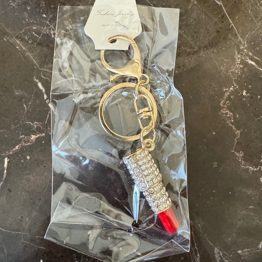 Rhinestone Lipstick Keychain Gold Tone Red Crystal Purse Charm Bag Accessory